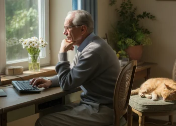 elderly man, sitting at his desk in the window, looking at his computer screen