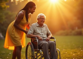 Elderly man in a wheelchair, accompanied by a younger femail care, chatting in a large garden with a sunset background